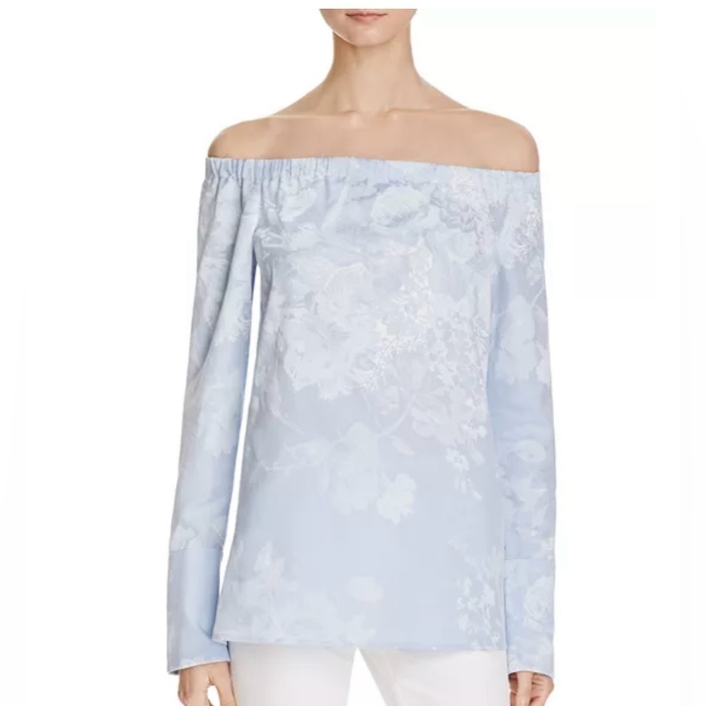 Lafayette 148 New York Light Blue Amy Floral Off-Shoulder Blouse Size S/P
